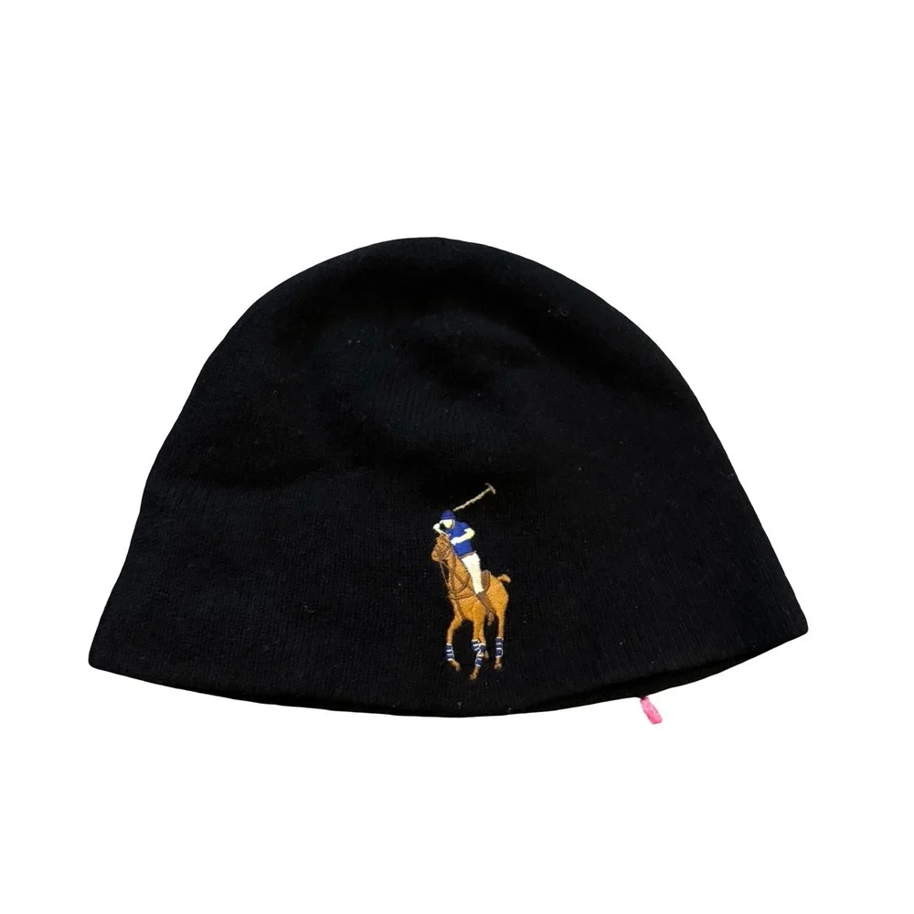 Polo Ralph Lauren‎ Mens Black 100% Lambswool Big Pony Embroidered Beanie Hat